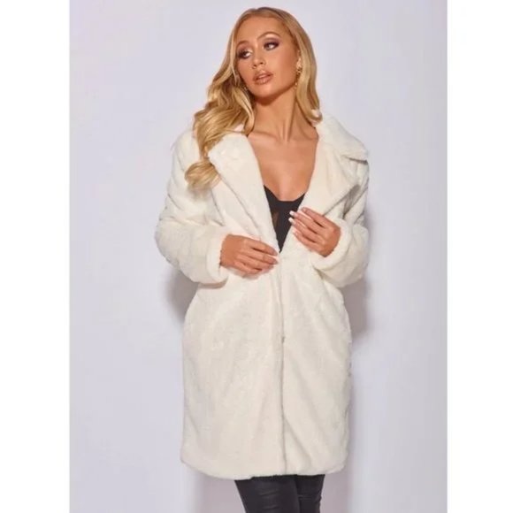 White Faux Fur Long Sleeve Collared Loose Fit Midi Coat - Picture 5 of 14